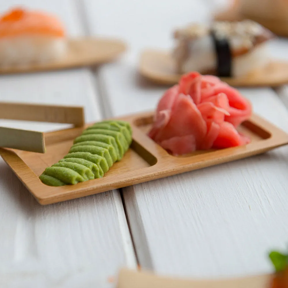 100 Rectangle Natural 4.75" Bamboo Duo Plates and 100 Natural Bamboo 3.5" Mini Forks