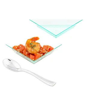 100 Seagreen Plastic 4" Mini Triangolo Appetizer Plates and 100 Silver Plastic 4" Mini Spoons