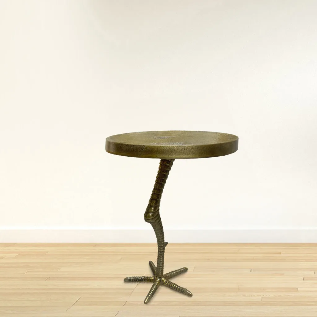 19 Inch Side End Table, Antique Brass Aluminum Cast, Round Top with Handcrafted Textured Crane Leg Stem The Urban Port