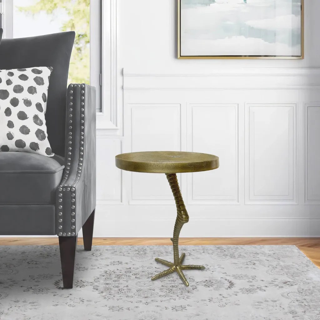 19 Inch Side End Table, Antique Brass Aluminum Cast, Round Top with Handcrafted Textured Crane Leg Stem The Urban Port