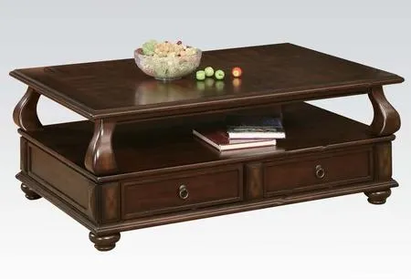 2 Drawer Wooden Coffee Table With Bun Feet And Ring Pulls, Brown By Benzara