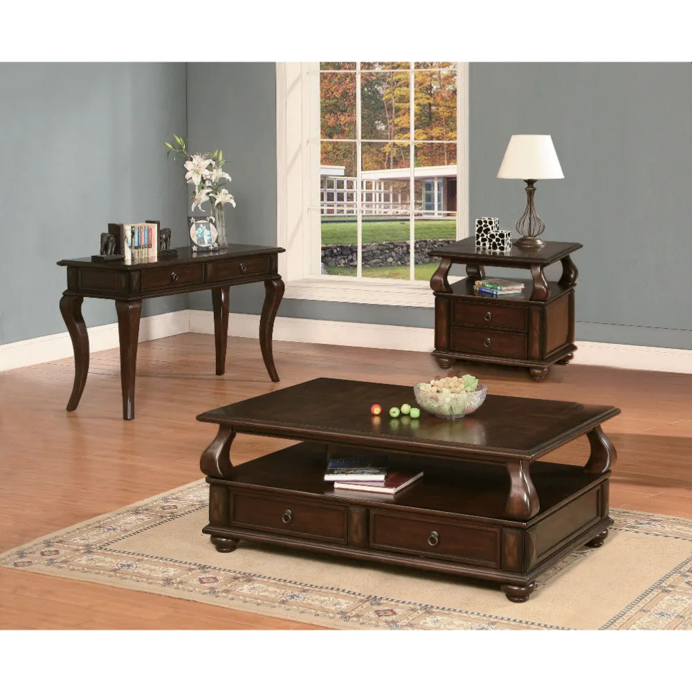 2 Drawer Wooden Coffee Table With Bun Feet And Ring Pulls, Brown By Benzara