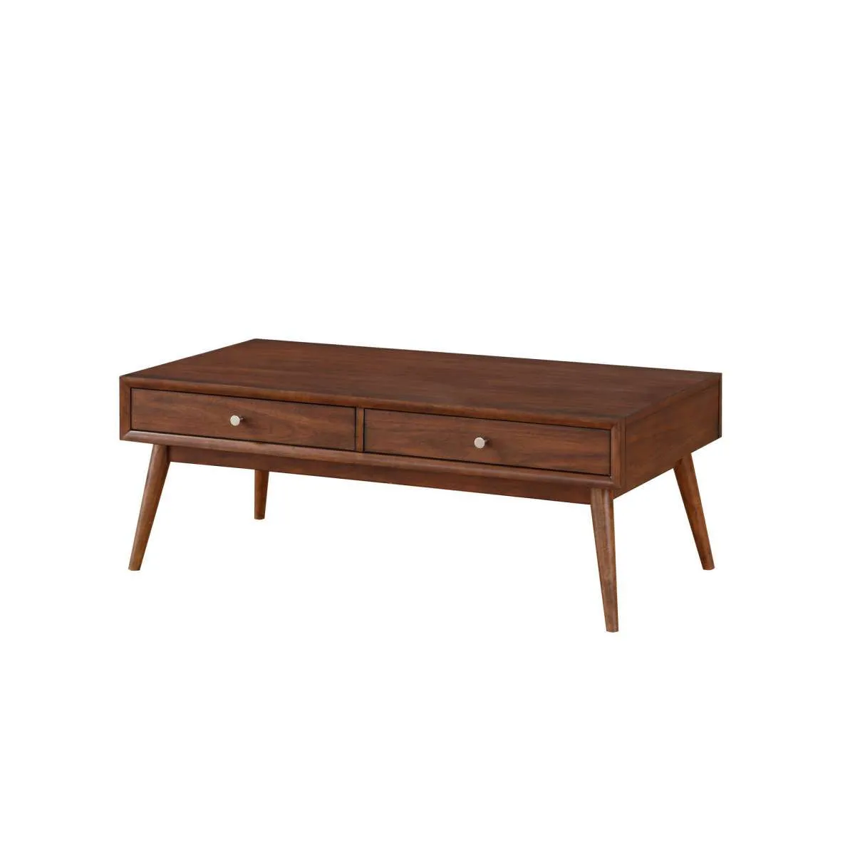 2 Drawer Wooden Coffee Table With Splayed Legs, Walnut Brown By Benzara