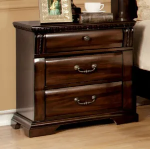 3 Drawer Wooden Nightstand with Metal Handles and Carved Details, Brown