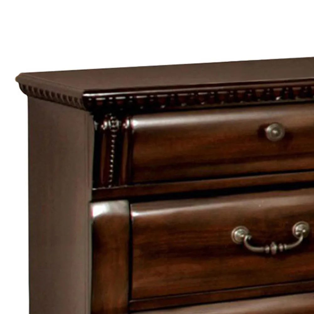 3 Drawer Wooden Nightstand with Metal Handles and Carved Details, Brown