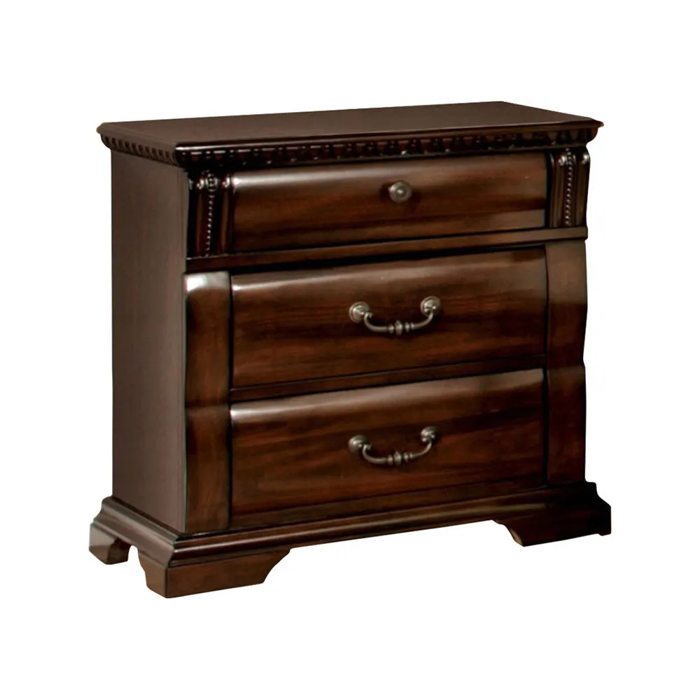 3 Drawer Wooden Nightstand with Metal Handles and Carved Details, Brown