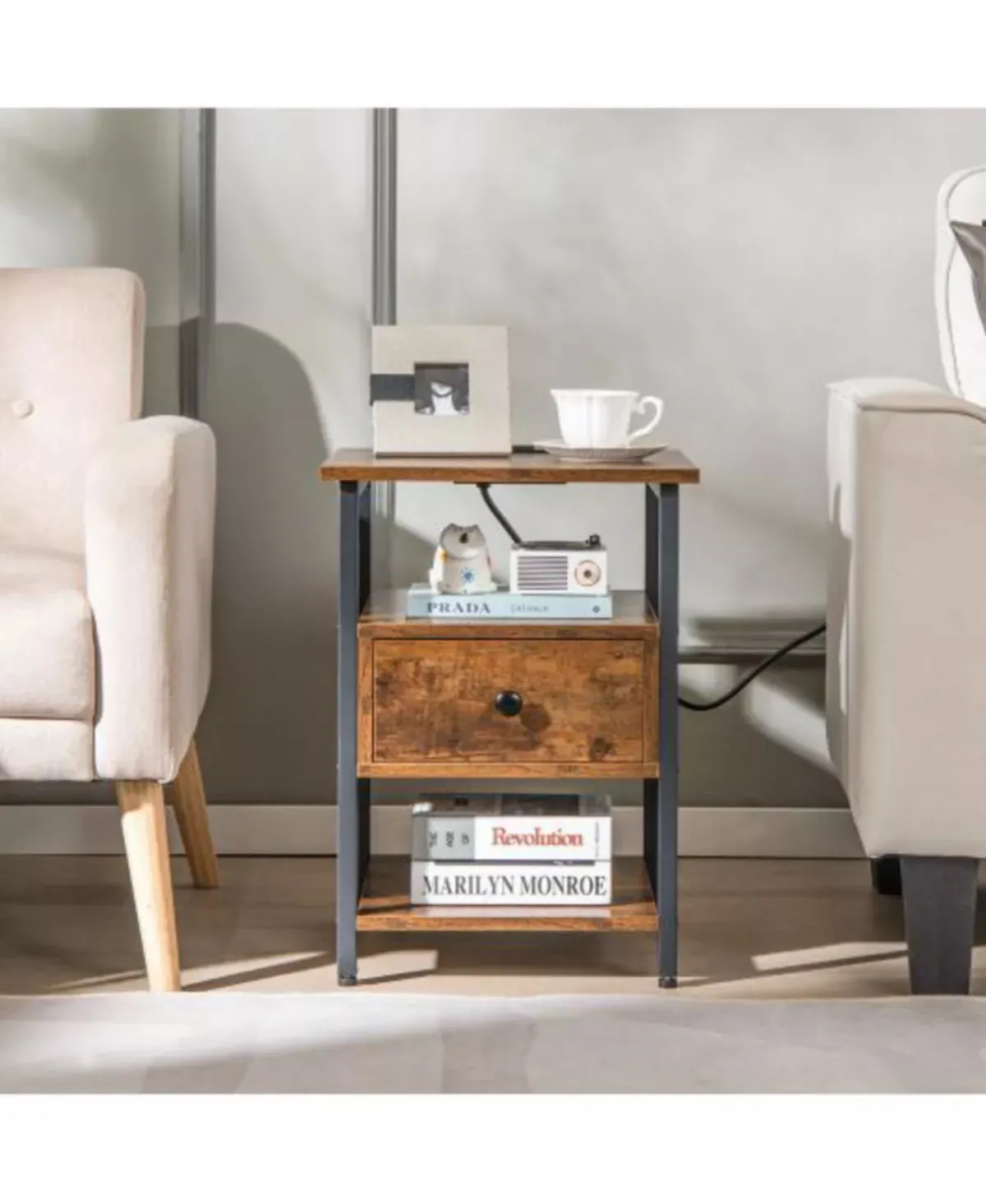 3 Tier Nightstand with Charging Station and Drawer