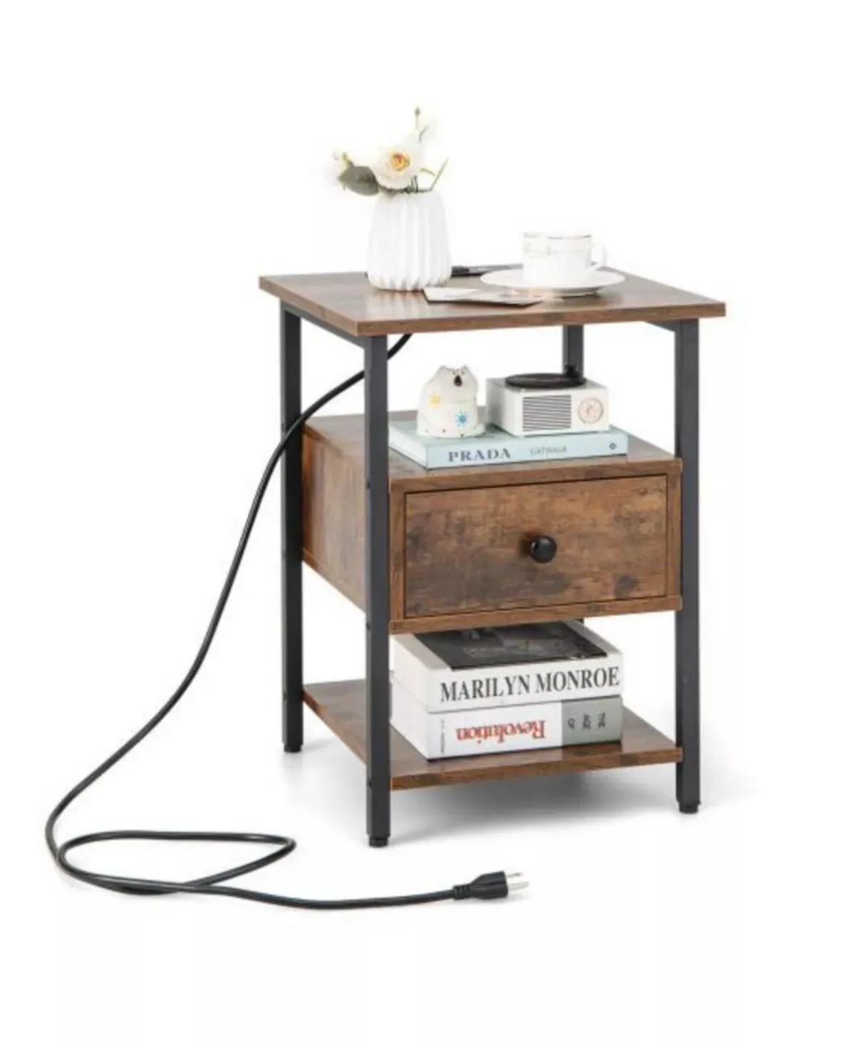 3 Tier Nightstand with Charging Station and Drawer