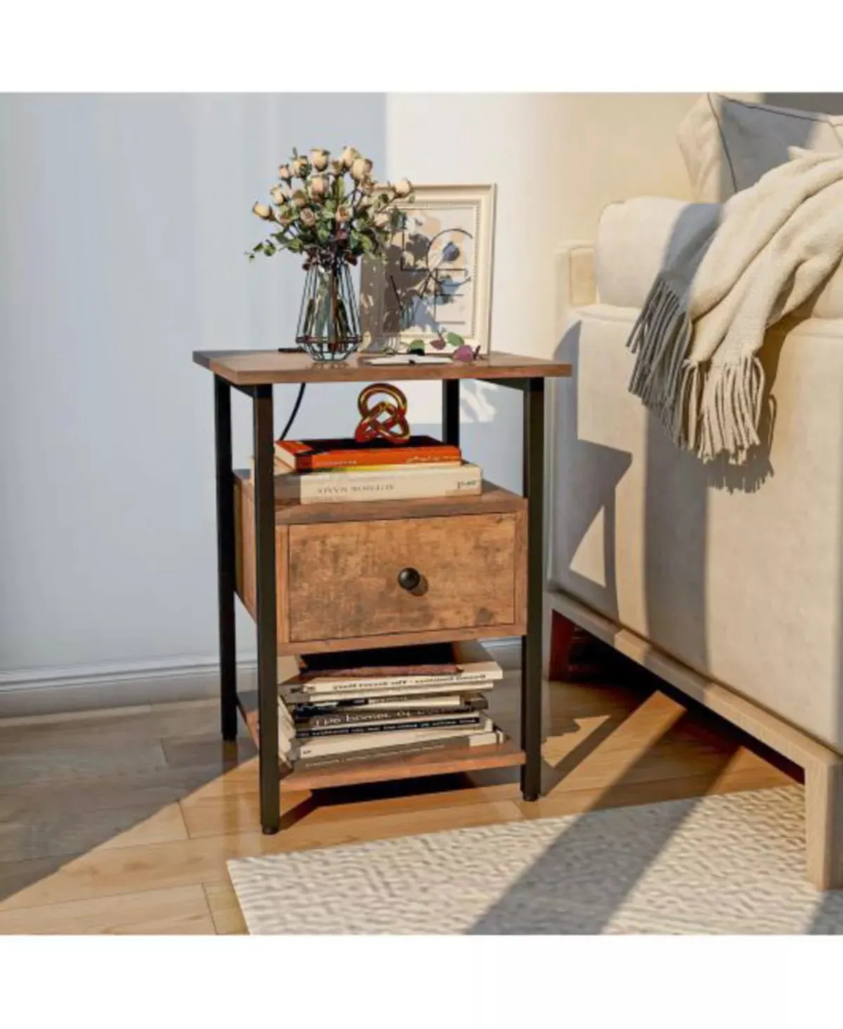 3 Tier Nightstand with Charging Station and Drawer