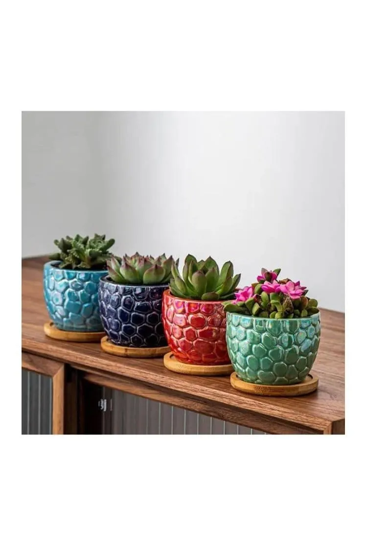 4 Pcs Ceramic Flowerpot Set Succulent Plant Pots Nordic Simple Style Design Planter Cactus Flower Pot With Tray Home Interior Design, Garden Décor Gift (Plants NOT Included)