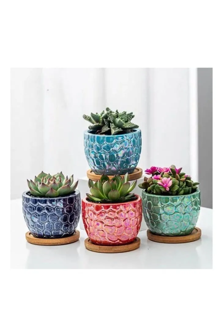 4 Pcs Ceramic Flowerpot Set Succulent Plant Pots Nordic Simple Style Design Planter Cactus Flower Pot With Tray Home Interior Design, Garden Décor Gift (Plants NOT Included)