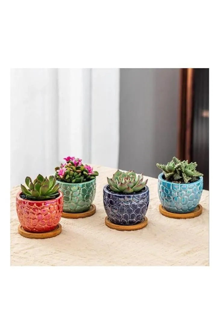 4 Pcs Ceramic Flowerpot Set Succulent Plant Pots Nordic Simple Style Design Planter Cactus Flower Pot With Tray Home Interior Design, Garden Décor Gift (Plants NOT Included)