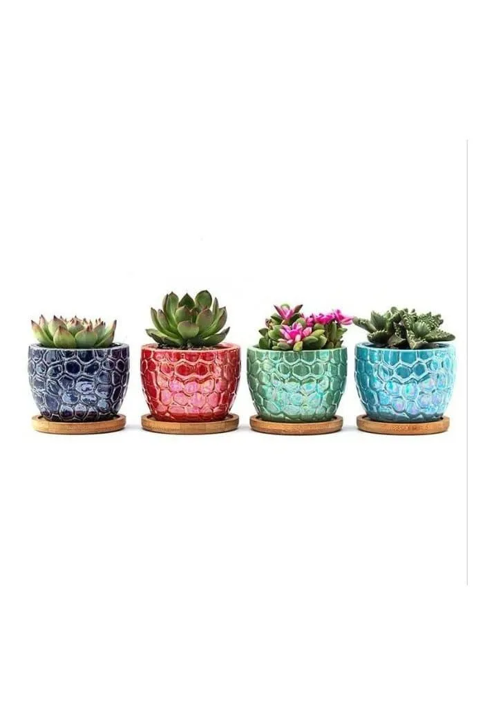 4 Pcs Ceramic Flowerpot Set Succulent Plant Pots Nordic Simple Style Design Planter Cactus Flower Pot With Tray Home Interior Design, Garden Décor Gift (Plants NOT Included)