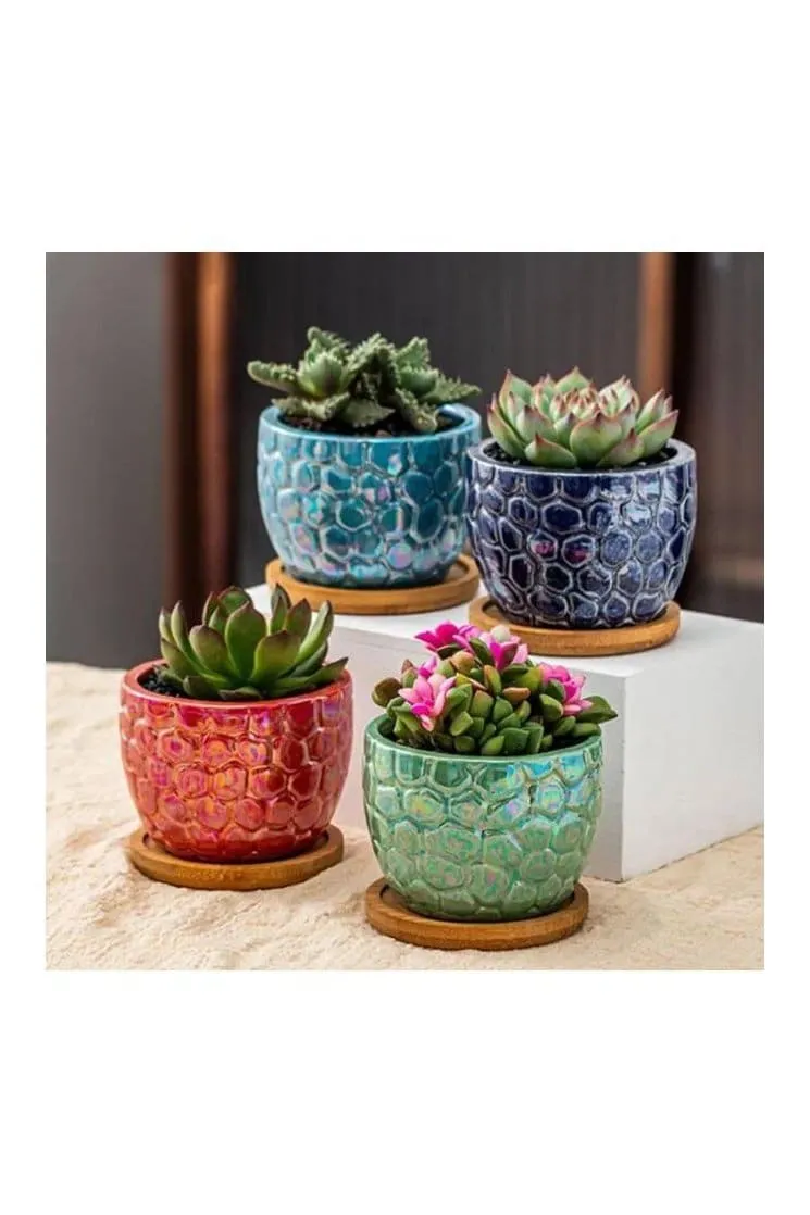 4 Pcs Ceramic Flowerpot Set Succulent Plant Pots Nordic Simple Style Design Planter Cactus Flower Pot With Tray Home Interior Design, Garden Décor Gift (Plants NOT Included)