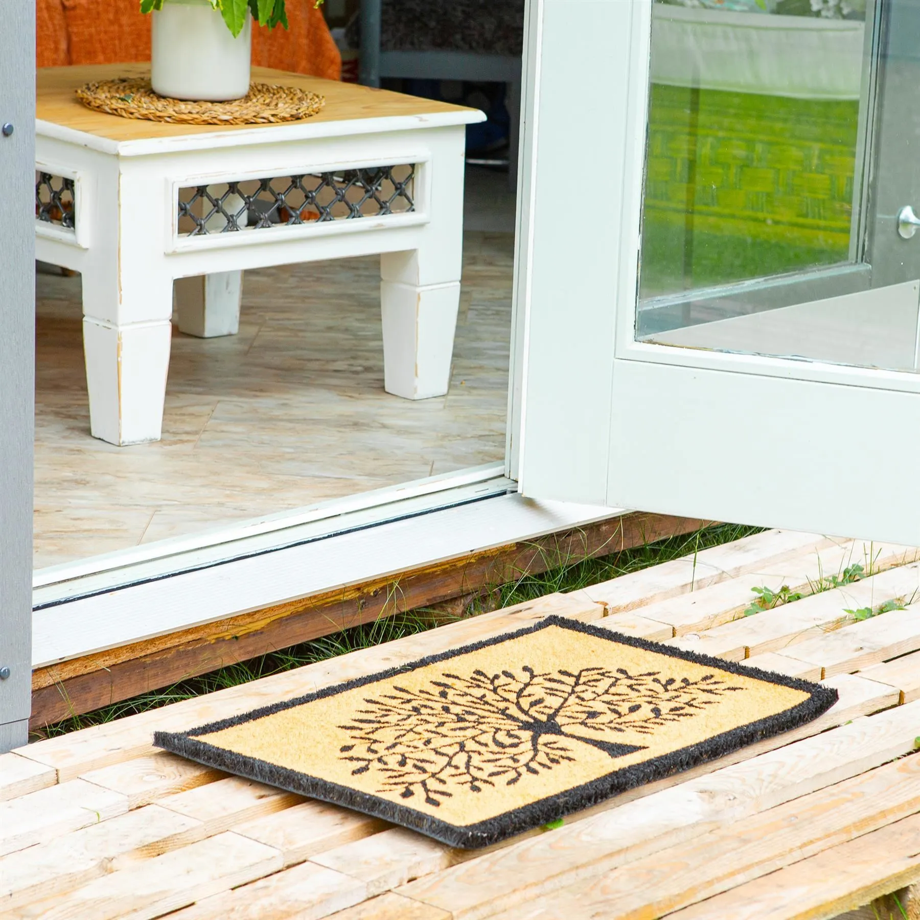 60cm x 40cm Black Tree of Life Coir Door Mat - By Nicola Spring