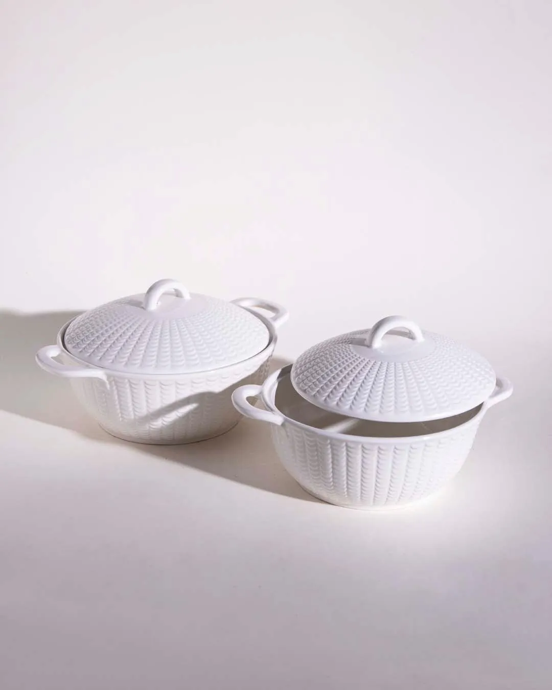 All White Embossed Serving Bowl with Lid - Small