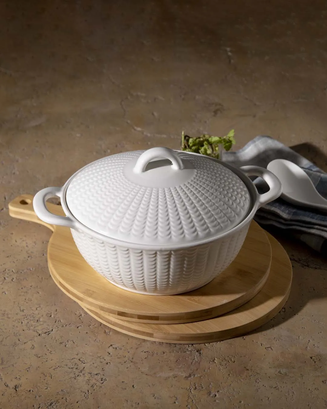 All White Embossed Serving Bowl with Lid - Small