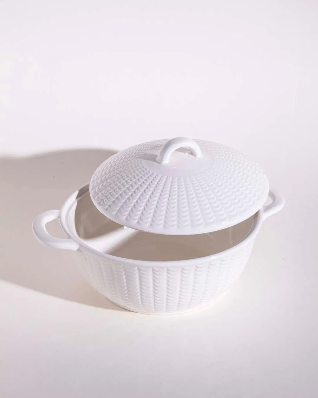 All White Embossed Serving Bowl with Lid - Small