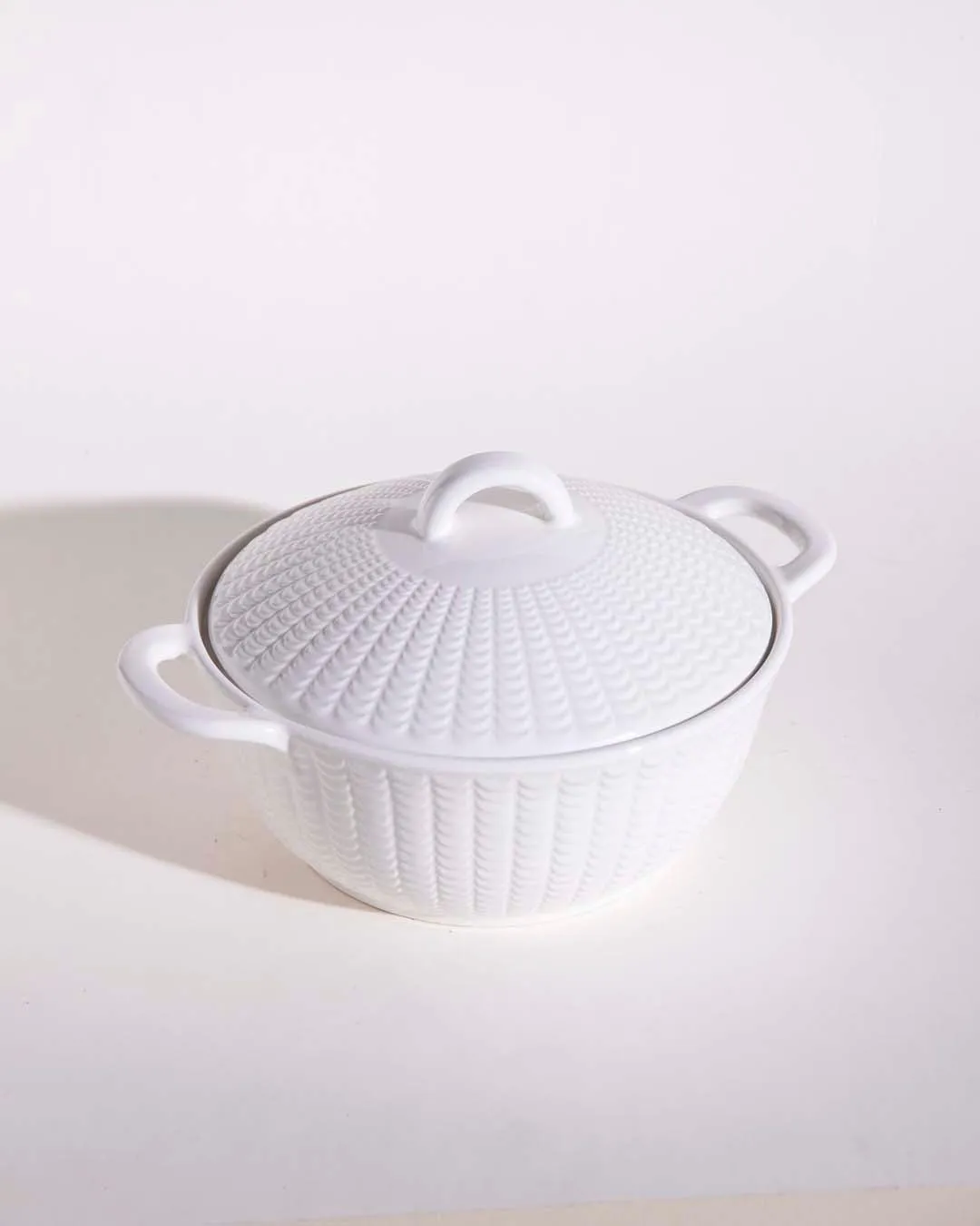 All White Embossed Serving Bowl with Lid - Small