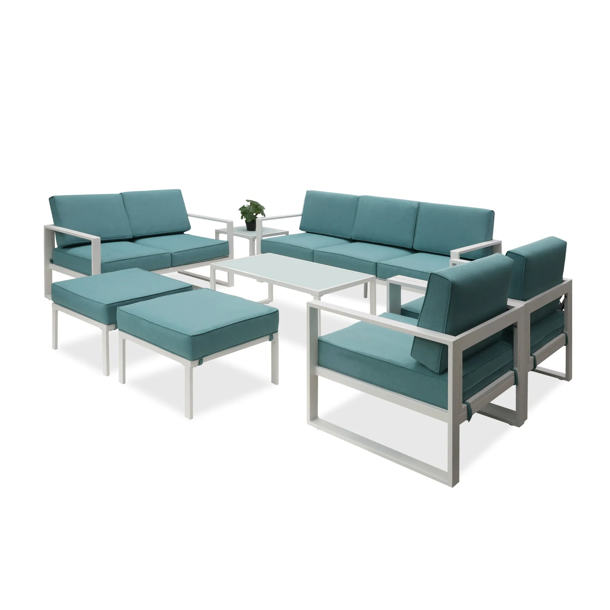 Aluminum Patio Furniture Set, 8 Pieces Outdoor Conversation Set All-Weather Modern Metal Couch Outdoor Sectional Sofa with Ottomans and Coffee Table (blue)