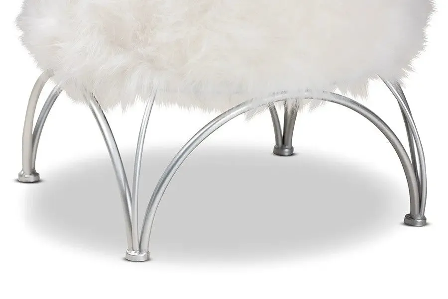 Andrew White Faux Fur Upholstered Silver Metal Ottoman