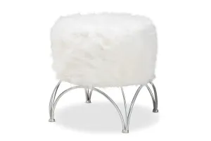 Andrew White Faux Fur Upholstered Silver Metal Ottoman