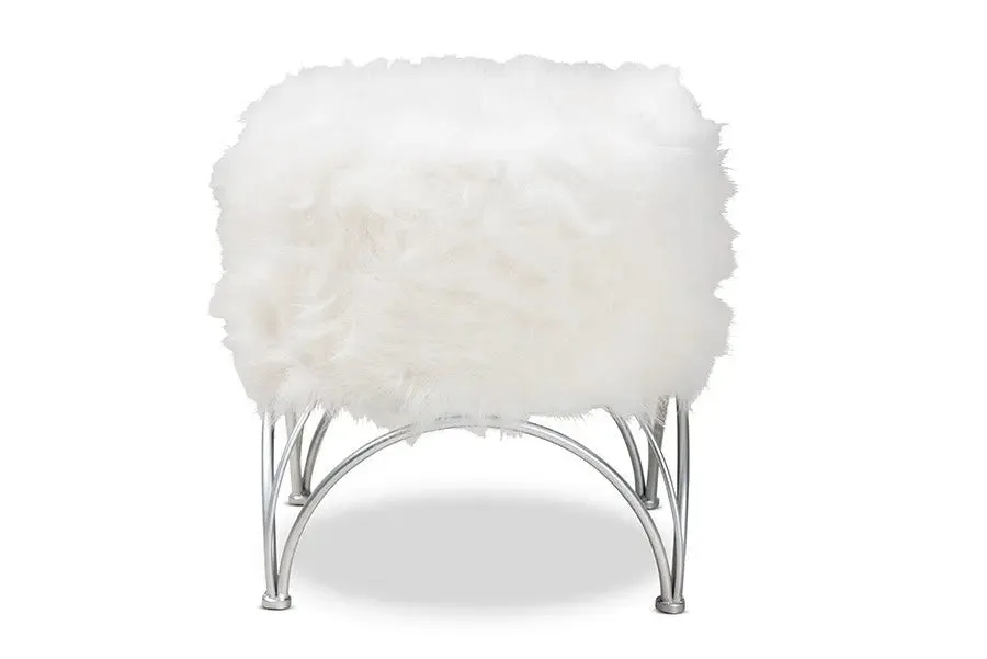 Andrew White Faux Fur Upholstered Silver Metal Ottoman