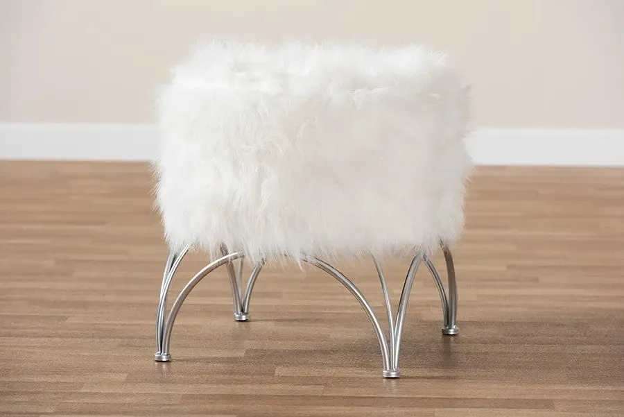 Andrew White Faux Fur Upholstered Silver Metal Ottoman