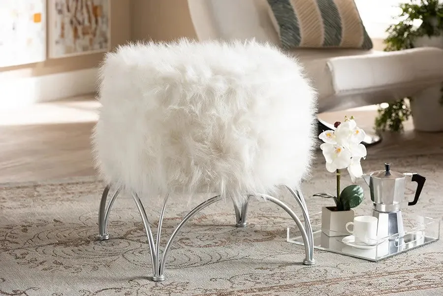 Andrew White Faux Fur Upholstered Silver Metal Ottoman