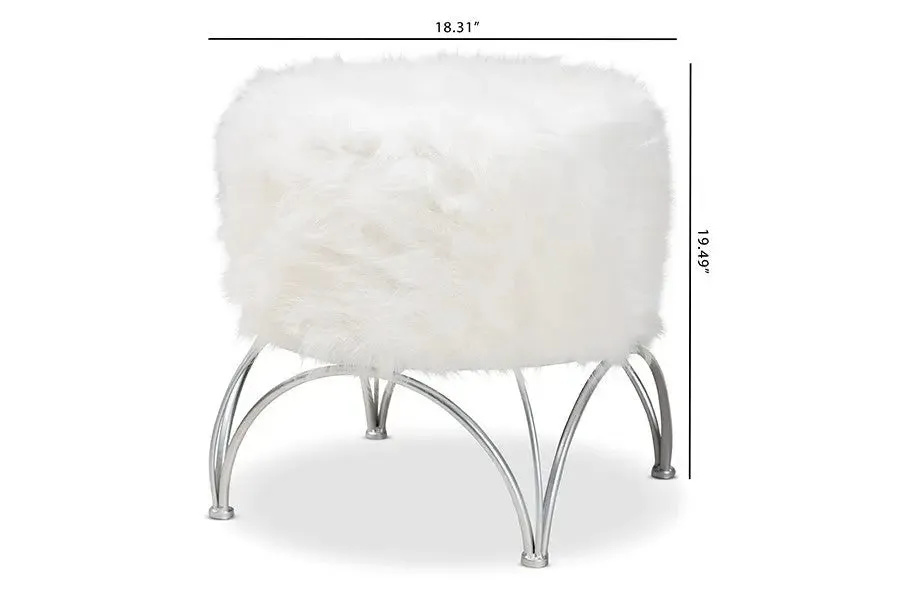 Andrew White Faux Fur Upholstered Silver Metal Ottoman