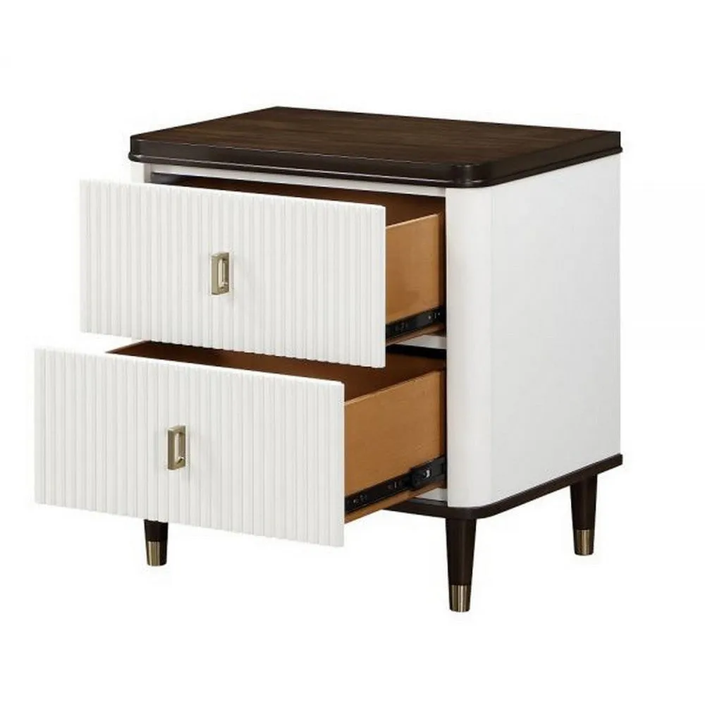 Aren 27 Inch Nightstand, 2 Drawers, USB Charger, Solid Wood, White, Brown By Casagear Home