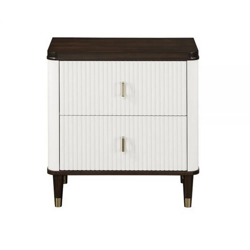 Aren 27 Inch Nightstand, 2 Drawers, USB Charger, Solid Wood, White, Brown By Casagear Home