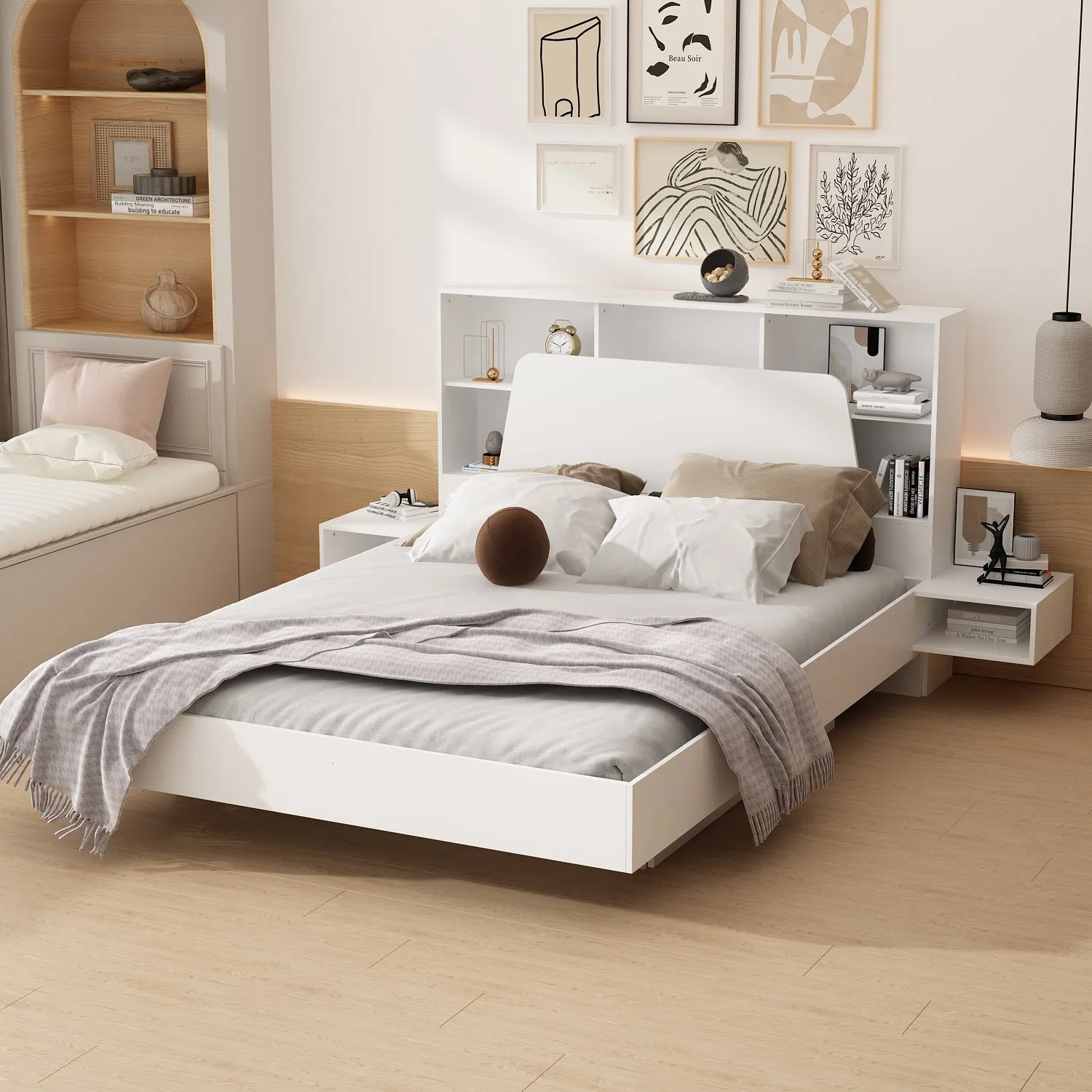 Bed Built-in Nightstands Storage Drawers Convenient Outlet Integration