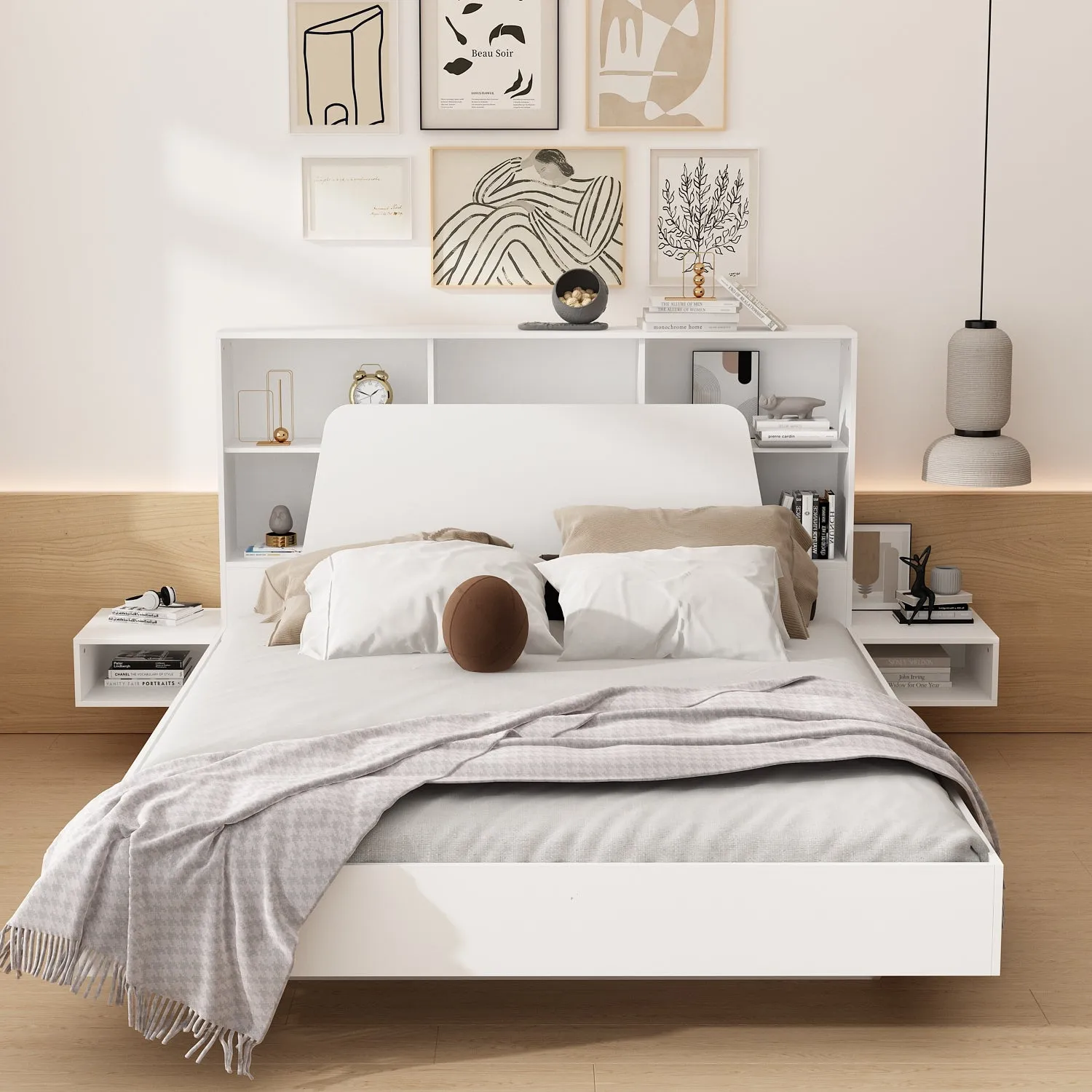 Bed Built-in Nightstands Storage Drawers Convenient Outlet Integration