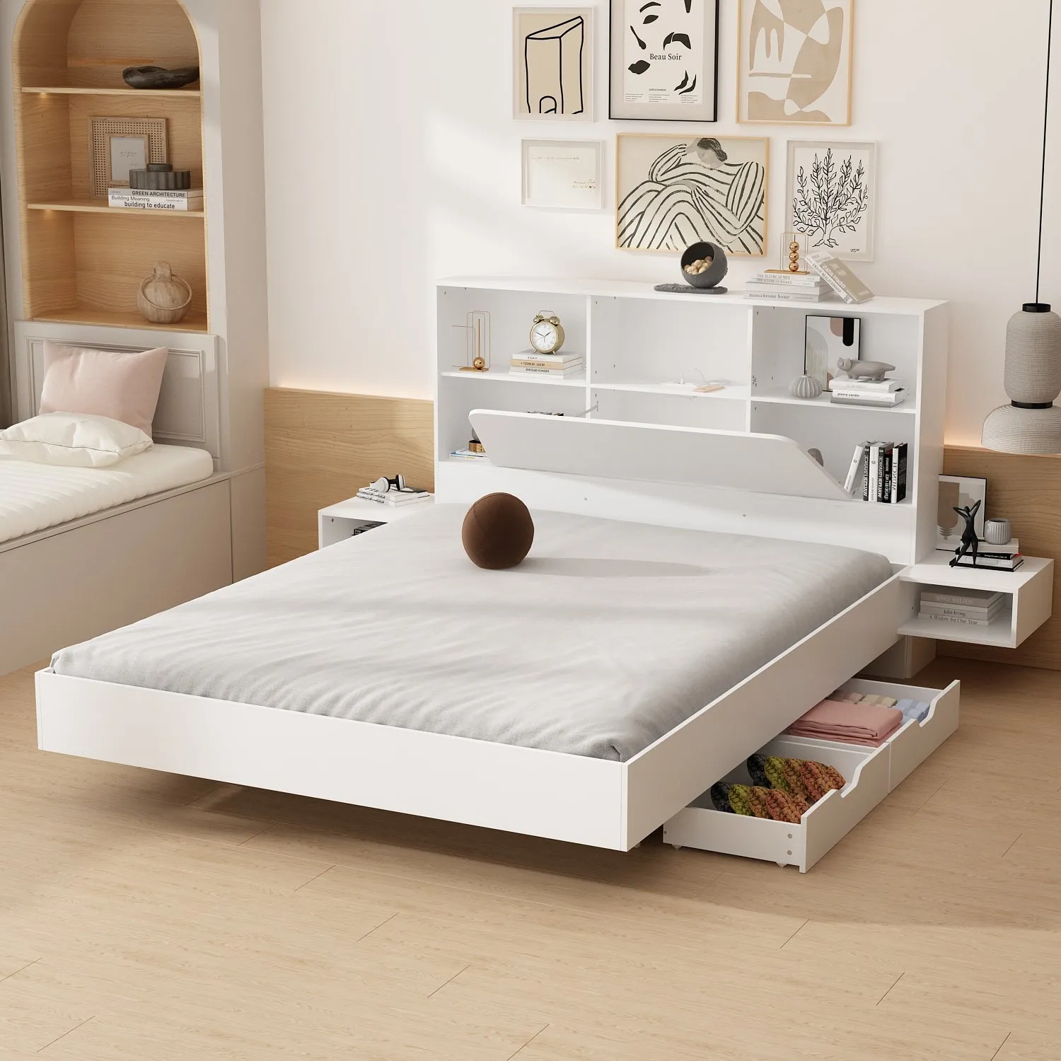 Bed Built-in Nightstands Storage Drawers Convenient Outlet Integration