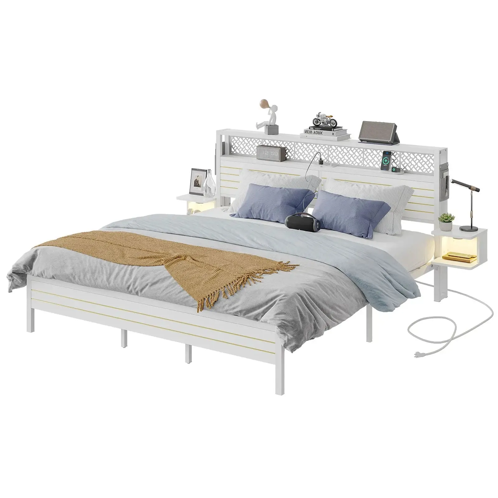 Bestier King Bed Frame with Horizontal Golden Stripe Storage Headboard