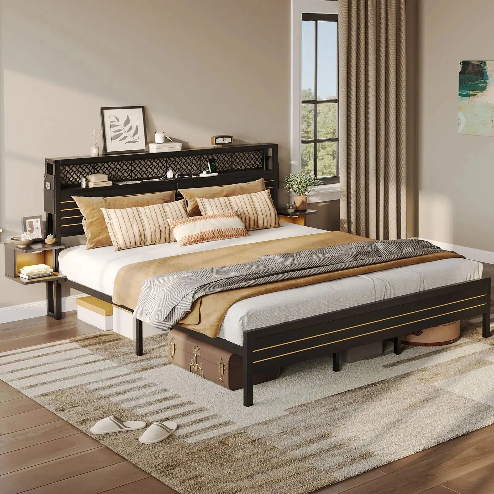 Bestier King Bed Frame with Horizontal Golden Stripe Storage Headboard