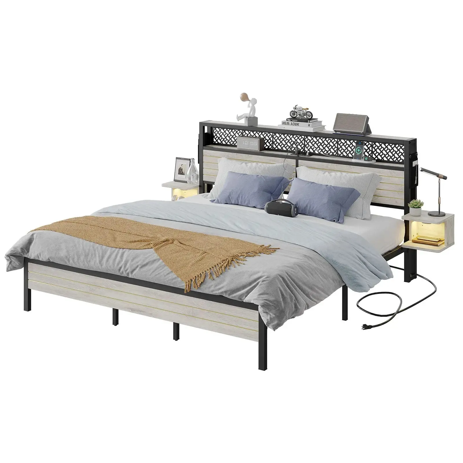 Bestier King Bed Frame with Horizontal Golden Stripe Storage Headboard