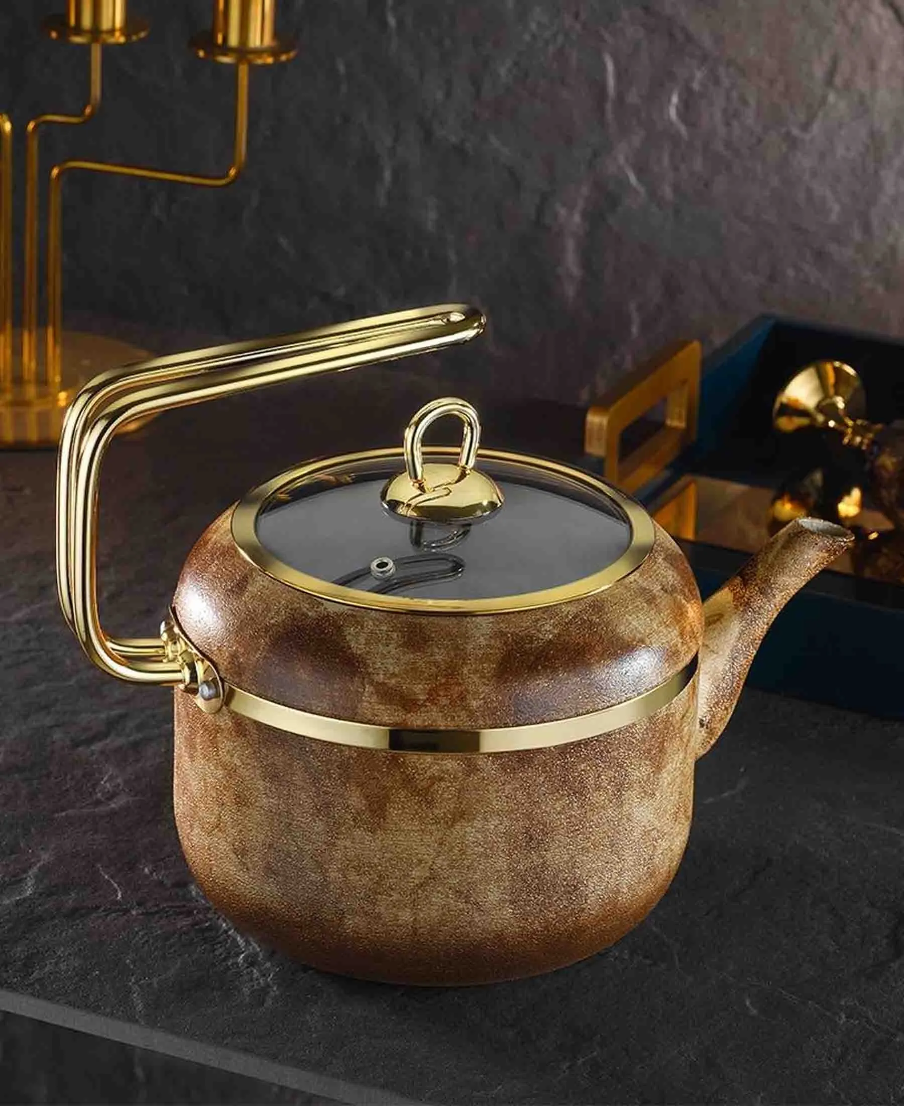 Brioni Royal Stone 2,5L Teapot - Tiger Eye & Gold