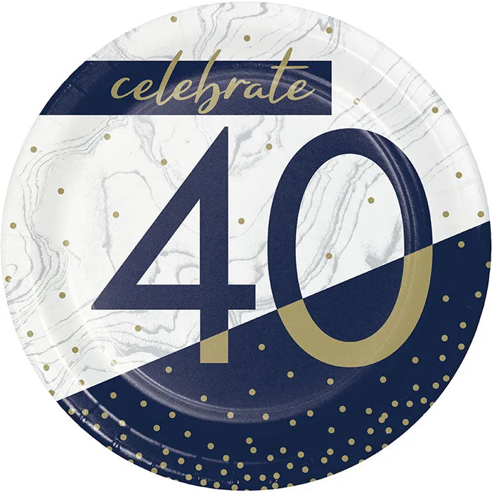 Bulk Navy and Gold 40th Birthday Paper Dessert Plates (96 per Case)