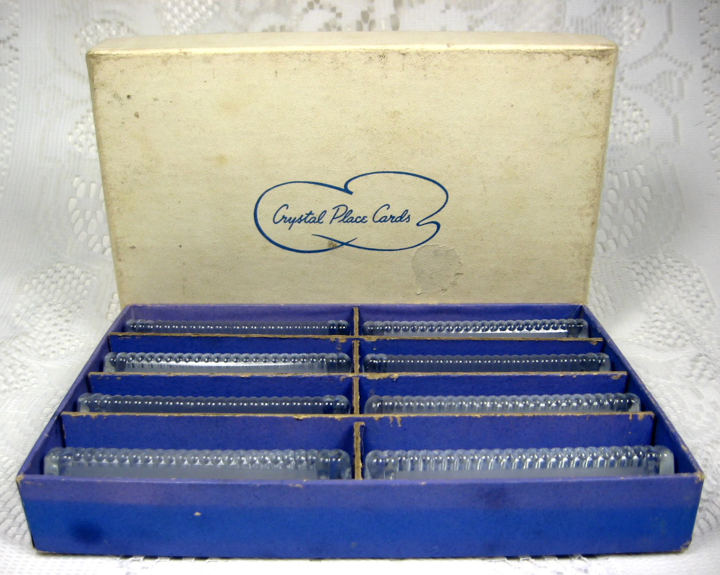 Crystal Place Cards Holders Boxed Set of 8 1950s Seating Card Holders Boxed