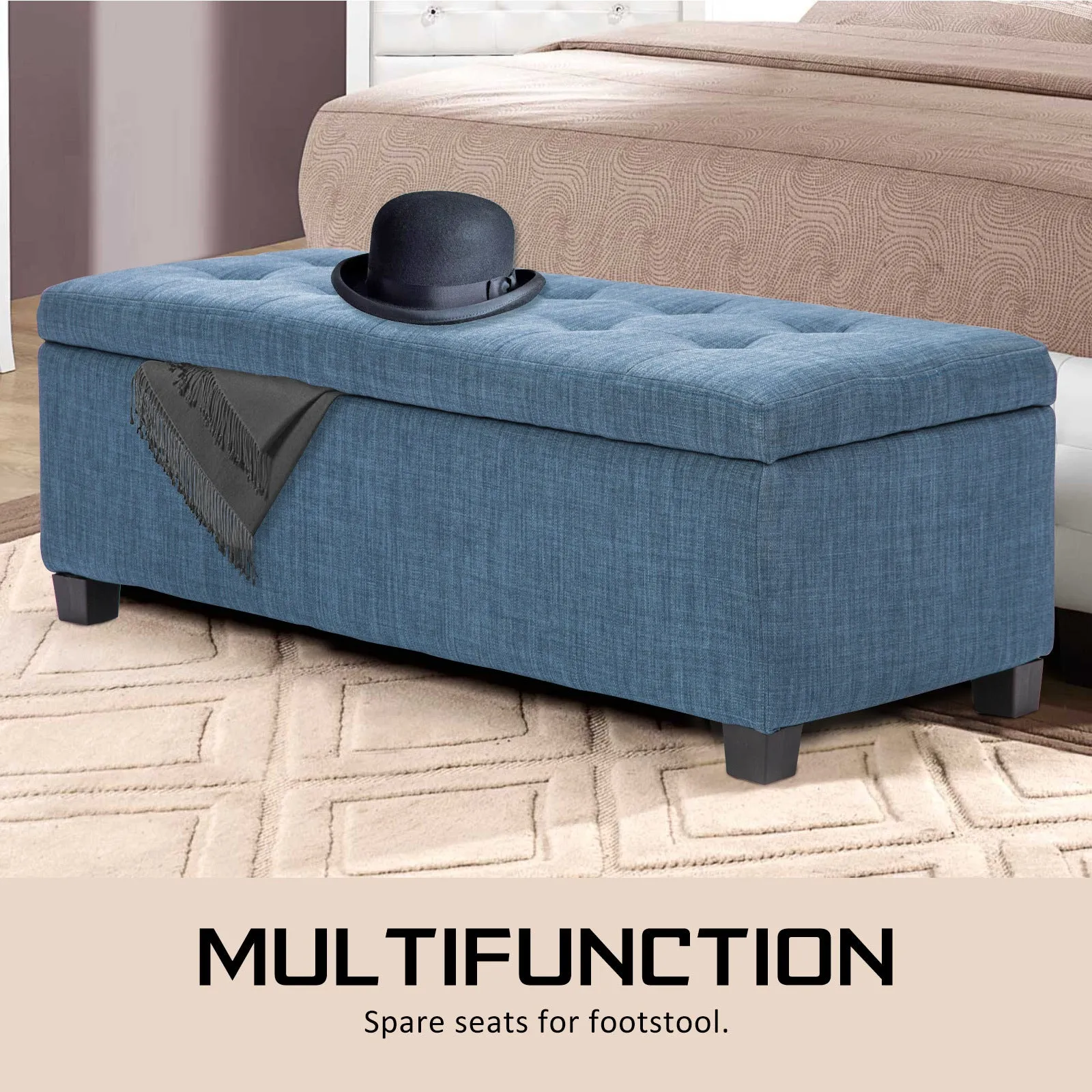 Dark Blue Fabric Storage Ottoman Stool w/ Soft Cushion Seat, La Bella