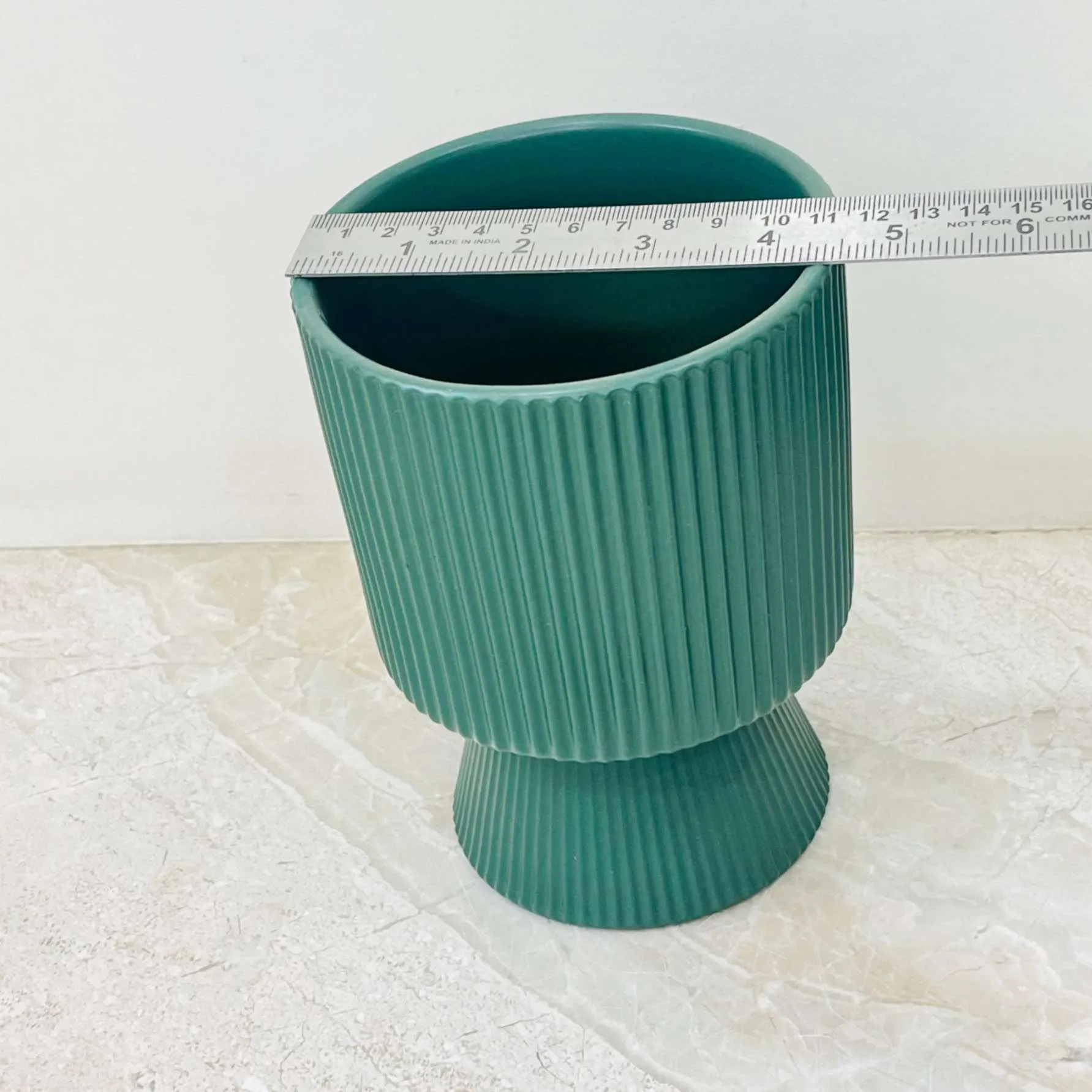 Dark Green Ribbed Ceramic Planter with Flared Base