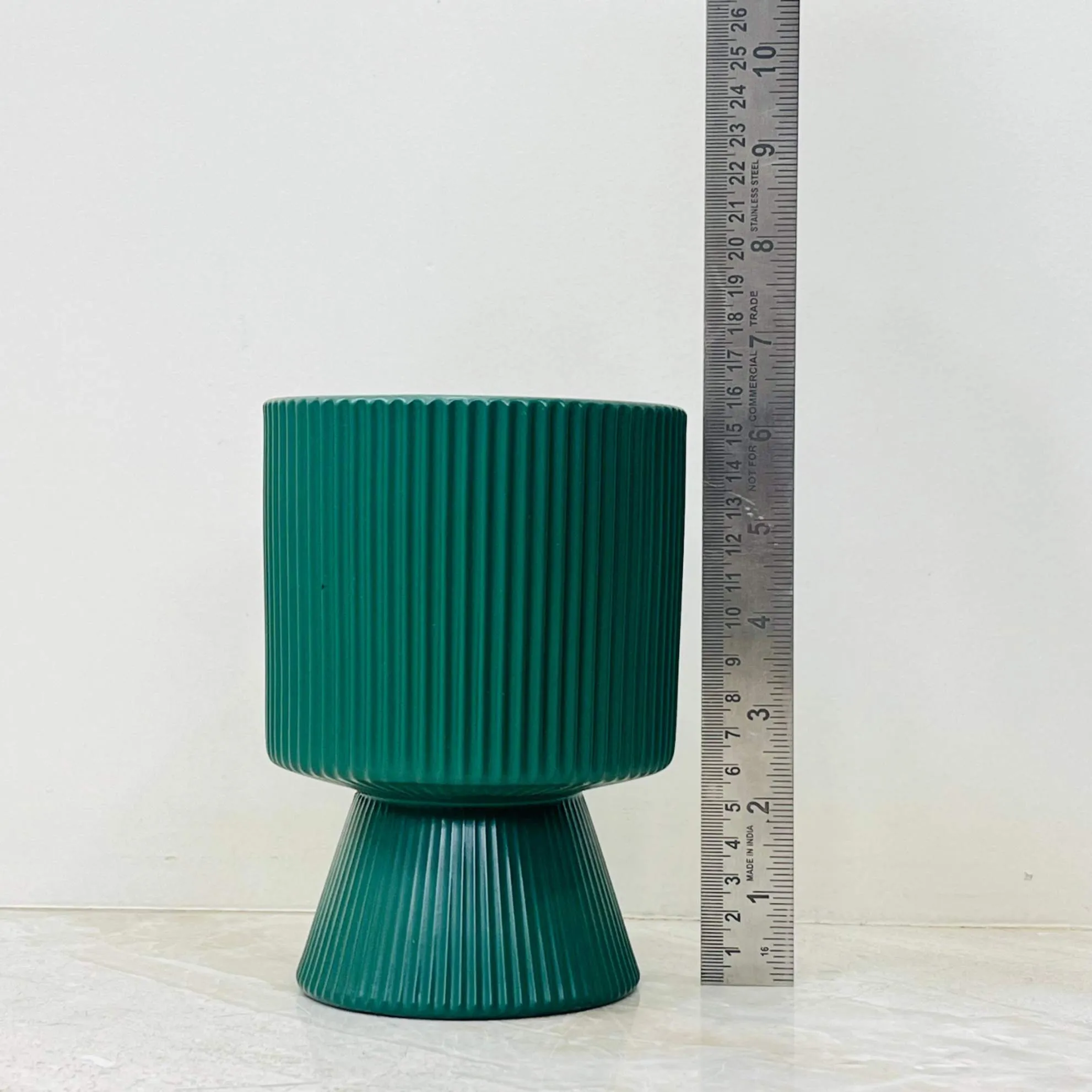 Dark Green Ribbed Ceramic Planter with Flared Base