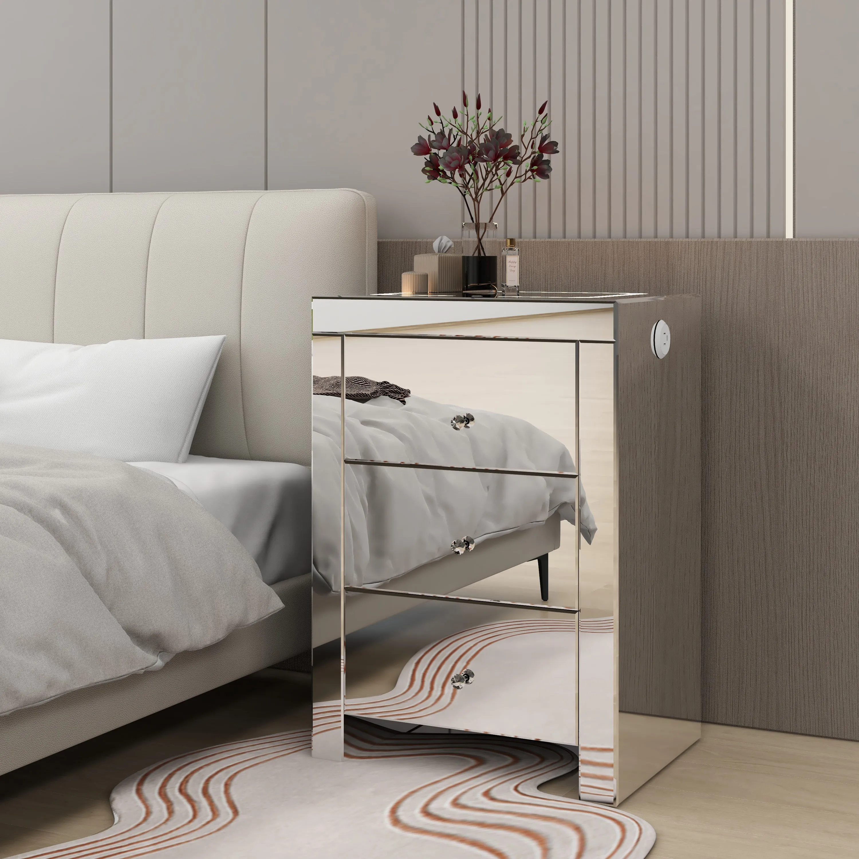 Dax Nightstand with Wireless Charging and Charging Ports - Silver