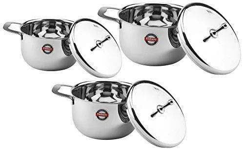 Embassy Stainless Steel Ruby Cooking & Serving Dish Pot Set of 3, 1 Ltr, 1.4 Ltrs, 1.8 Ltrs; Sizes 1-3