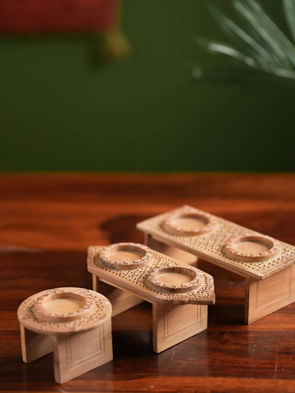 Exclusive Jaali Wood Craft Tealight Holders - (Set of 3)