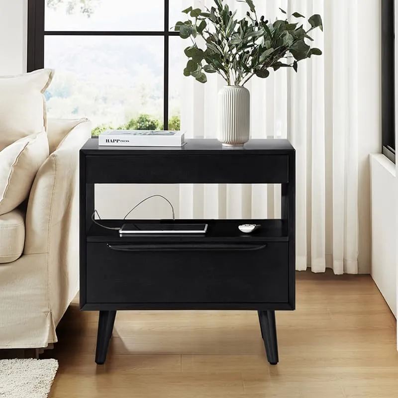 Giralda 2-Drawer Mid-century Modern Nightstand with Built-In Outlets