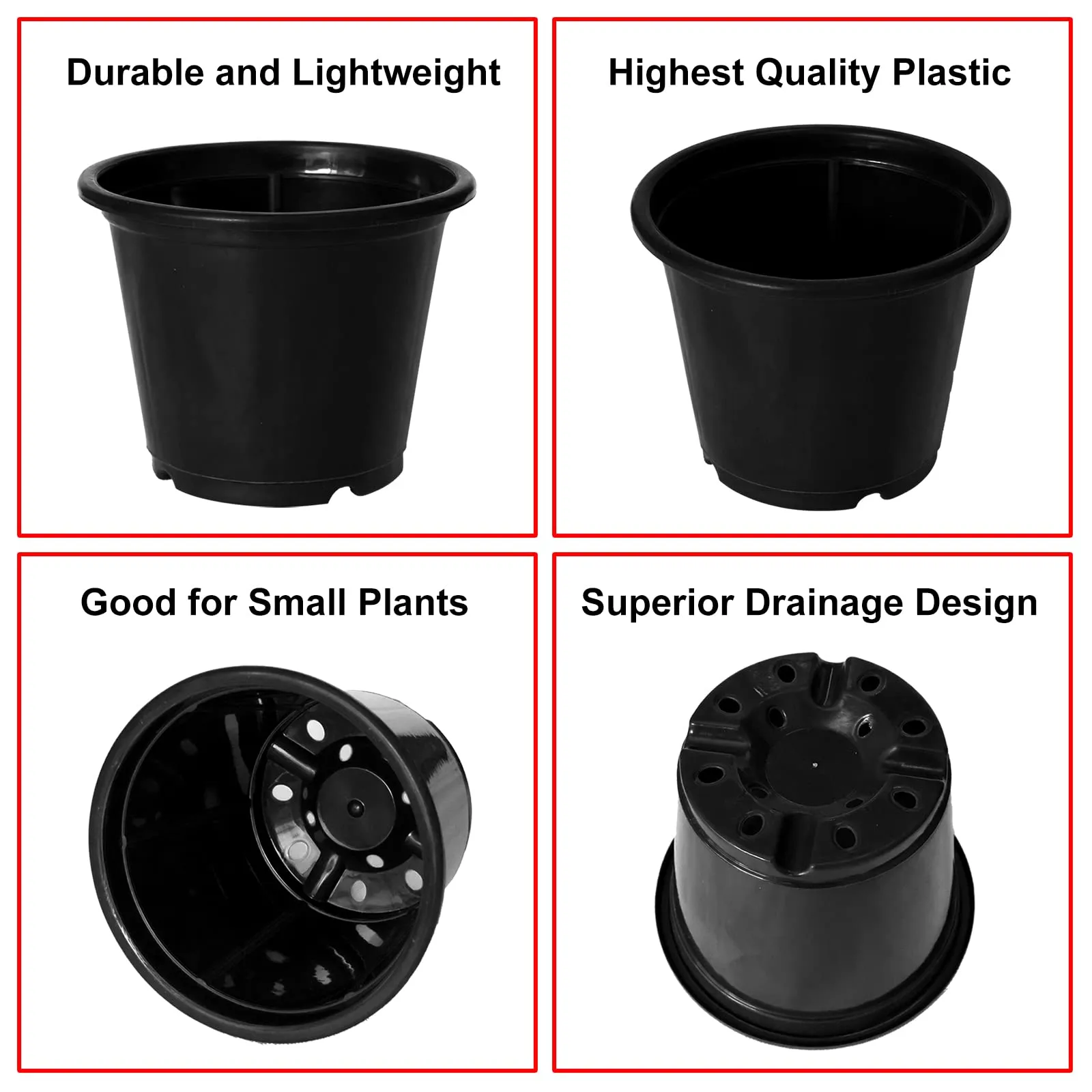 Heart Home Durable Plastic Flower Pot|Gamla with Drain Holes for Indoor Home Decor & Outdoor Balcony,Garden,6"x5",Pack of 5 (Black)