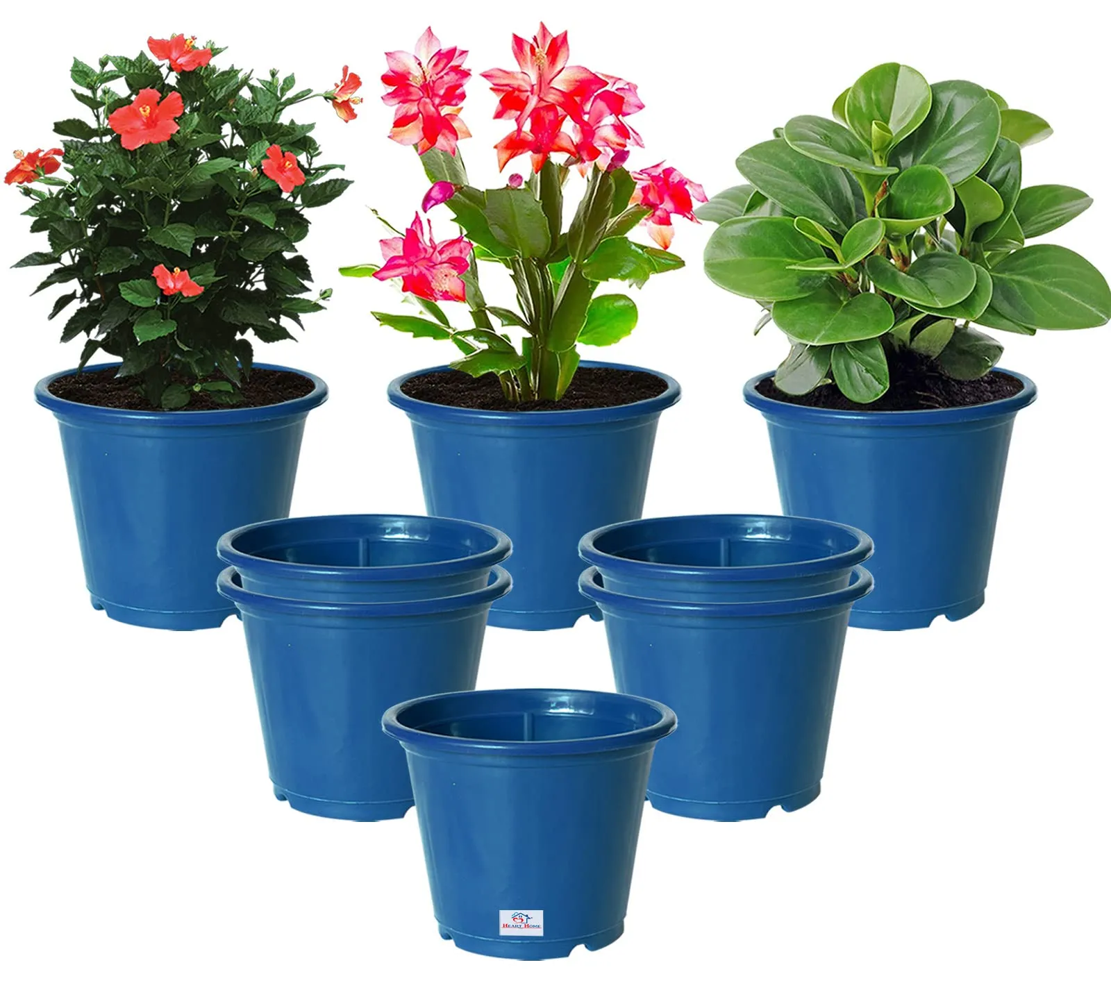 Heart Home Durable Plastic Flower Pot|Gamla with Drain Holes for Indoor Home Decor & Outdoor Balcony,Garden,6"x5",Pack of 8,(Blue)